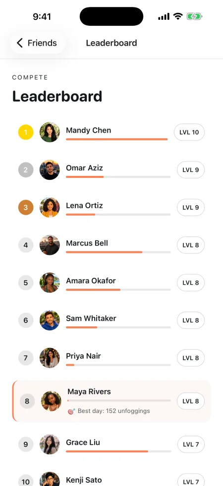 A friends leaderboard ranking explorers by level.